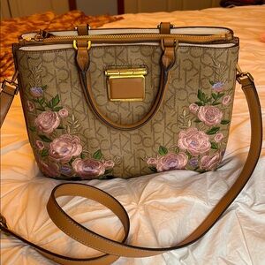 Calvin Klein Tan Satchel with Floral Design